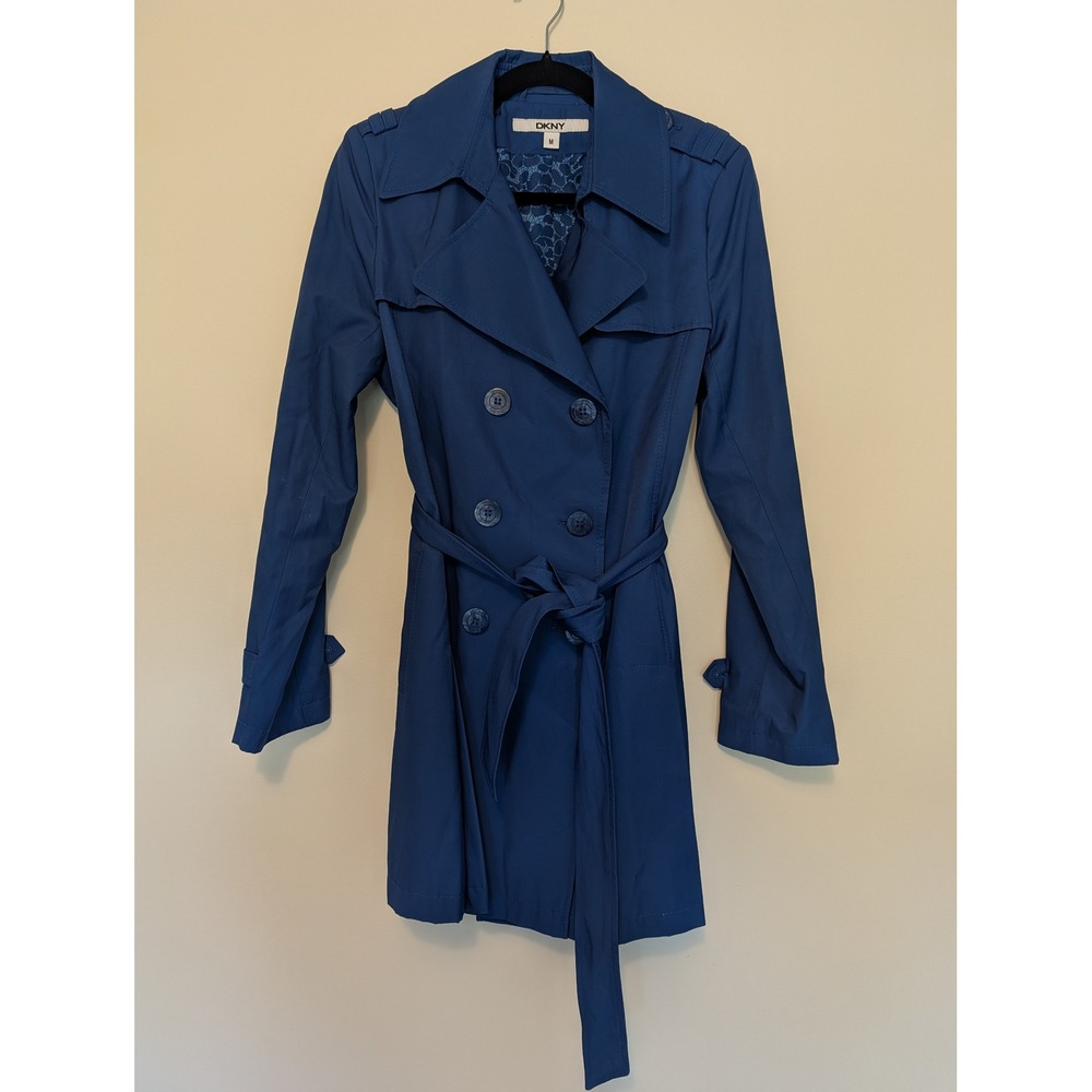 DKNY Womens Blue Double Breasted Belted Trench Coat Jacket Size M Mid Length Pea